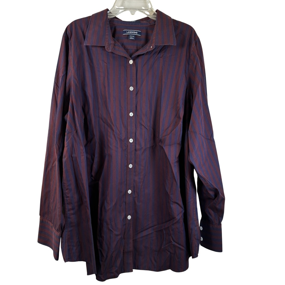 Lands End Womens 20W Striped Button Down Shirt Burgundy Navy Blue Long Sleeve